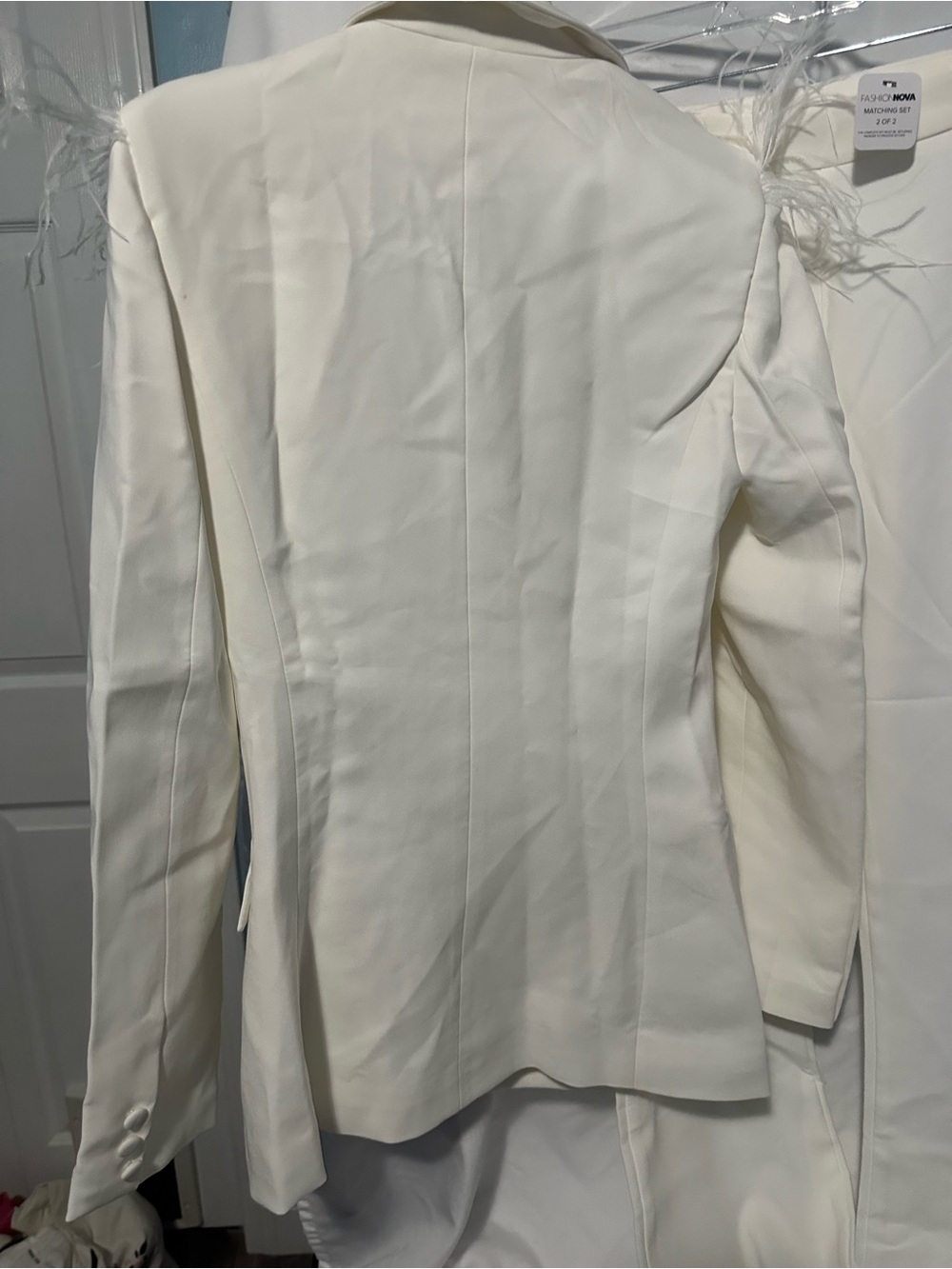 Fashion Nova Ivory Feather-Trim Double-Breasted Blazer with Wide-Leg Pants - Picture 4 of 8
